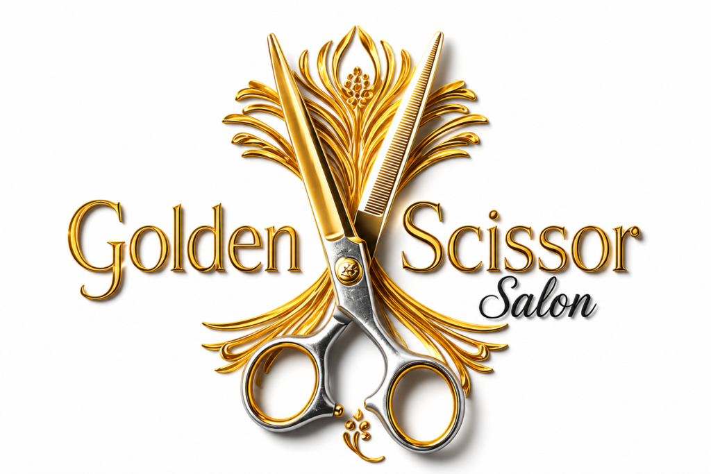 "Golden Scissor Salon logo with golden scissors, luxury beauty salon branding, professional hair styling, makeup, skincare, and grooming services in Sonipat, Haryana."