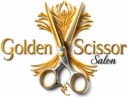 "Golden Scissor Salon logo with golden scissors, luxury beauty salon branding, professional hair styling, makeup, skincare, and grooming services in Sonipat, Haryana."