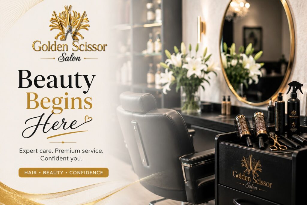"Golden Scissor Salon luxury beauty salon banner with premium hair styling chair, professional hair care tools, gold mirror, expert beauty services, bridal makeup, hairstyling, and salon branding."