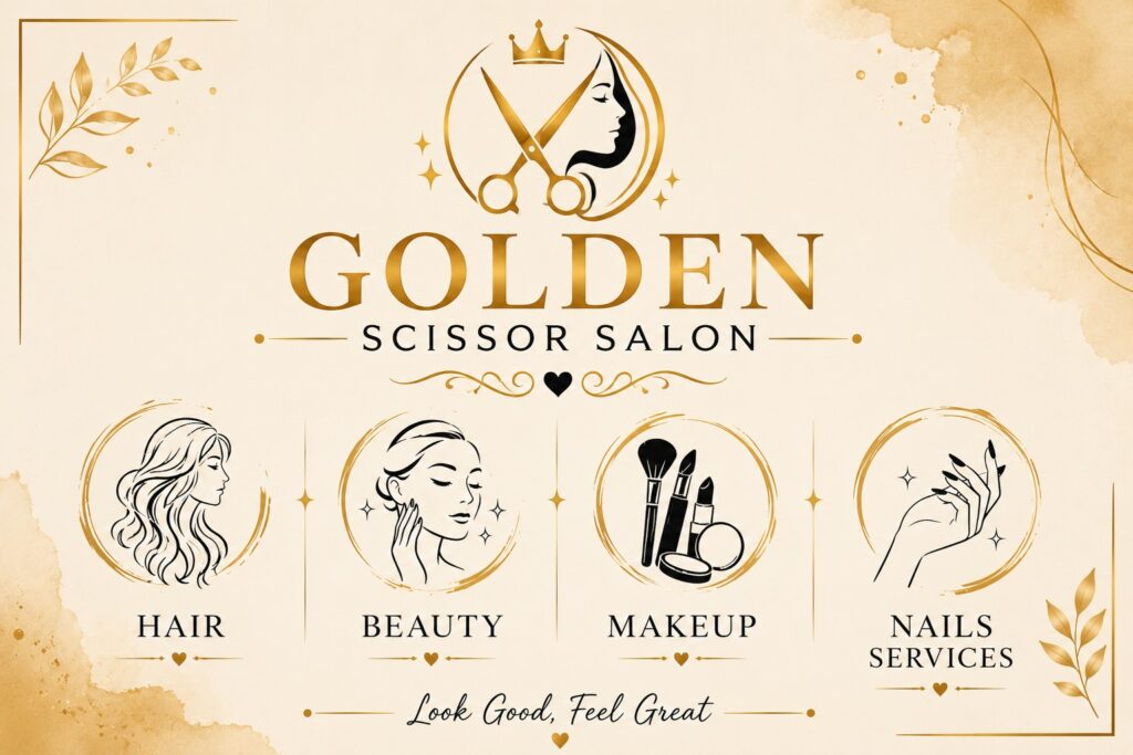 "Golden Scissor Salon offering professional hair services, beauty treatments, bridal and party makeup, manicure, pedicure, and nail services in Sonipat. Luxury beauty salon banner with elegant gold branding and beauty icons."