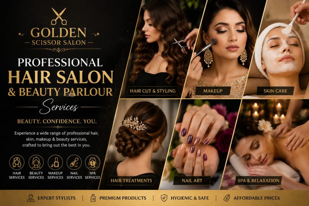 Golden Scissor Salon featuring professional hair salon and beauty parlour services, including hair cut and styling, makeup, skin care, hair treatments, nail art, and spa and relaxation services. The banner highlights expert stylists, premium products, hygienic and safe services, and affordable prices in an elegant black and gold design.