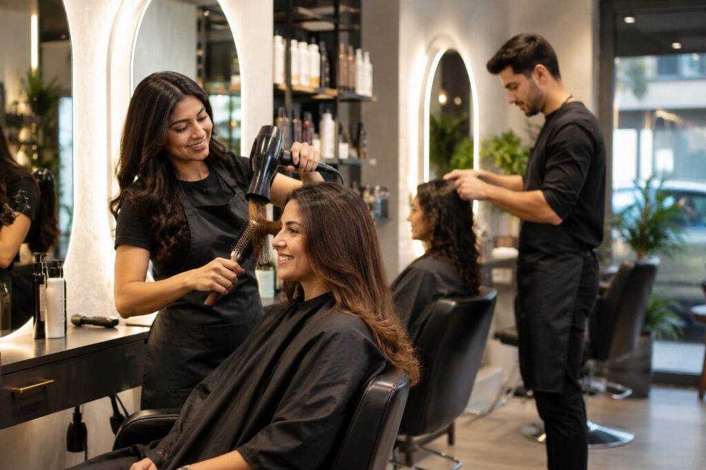 Professional hairstylist blow-drying a client's hair at a modern beauty salon while another stylist provides hair care services in the background, showcasing a clean, stylish, and welcoming salon environment.