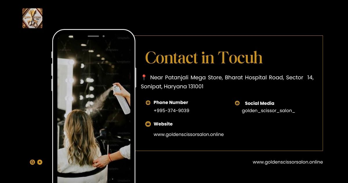 **Alt Text:** **"Contact section of the Golden Scissor Salon website featuring a black and gold design with a smartphone mockup showing a hairstyling session. The page displays the salon's address near Patanjali Mega Store, Bharat Hospital Road, Sector 14, Sonipat, Haryana, along with the phone number, website, and social media information for customer inquiries."**