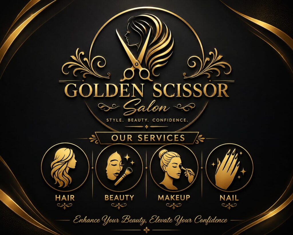 "Golden Scissor Salon services banner featuring a luxurious black and gold design with the salon logo, a gold silhouette of a woman integrated with scissors, and the tagline 'Style. Beauty. Confidence.' The banner highlights four services—Hair, Beauty, Makeup, and Nail—with elegant gold icons and the message 'Enhance Your Beauty, Elevate Your Confidence.'"