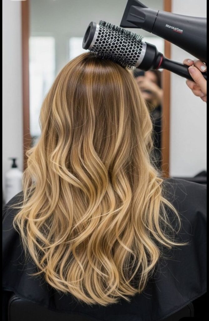 **Alt Text:** Professional hairstylist using a round brush and hair dryer to create a smooth blowout on long blonde balayage hair with soft waves, showcasing a polished salon hairstyle and healthy, shiny finish.
