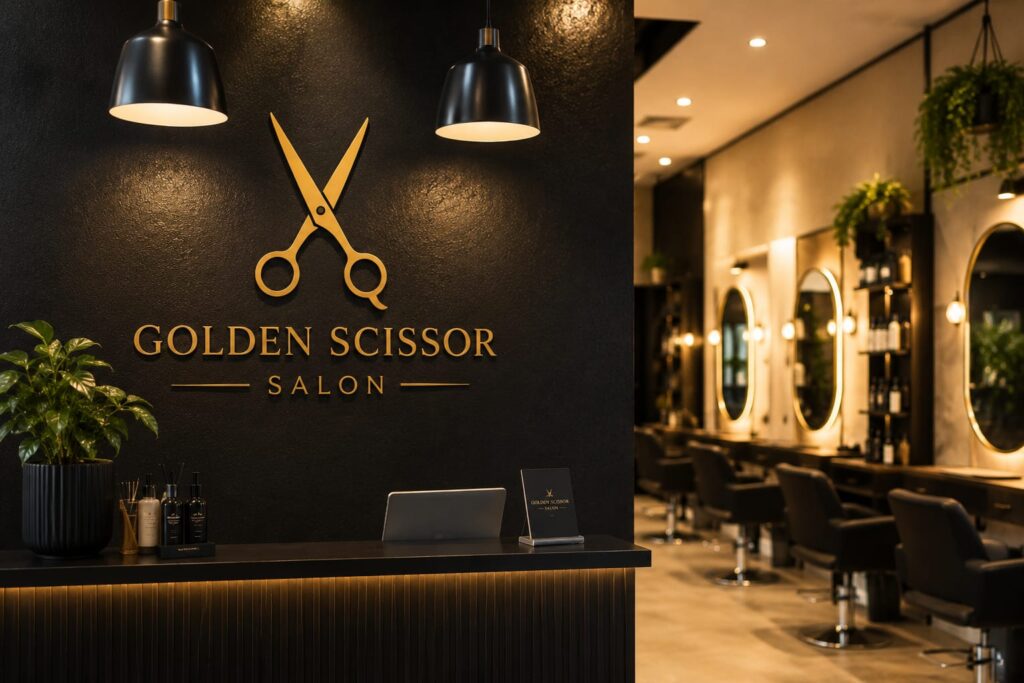 **Alt Text:** Golden Scissor Salon reception area featuring a stylish black-and-gold interior, modern styling stations, illuminated mirrors, premium hair care products, and a luxurious, welcoming salon environment.
