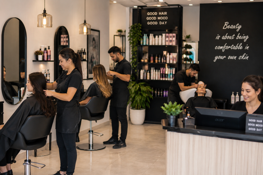 Modern salon interior with professional hairstylists providing hair styling, hair washing, and beauty services to clients in a clean, luxury salon environment with premium hair care products and a welcoming reception area.