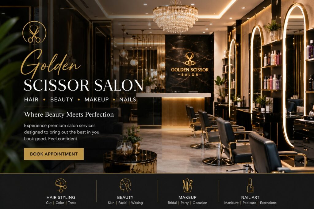 Luxury Golden Scissor Salon interior with modern styling chairs, illuminated mirrors, elegant décor, premium hair and beauty products, and a welcoming reception area designed for a professional beauty experience.